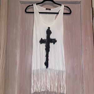 White Fringe Cross Top